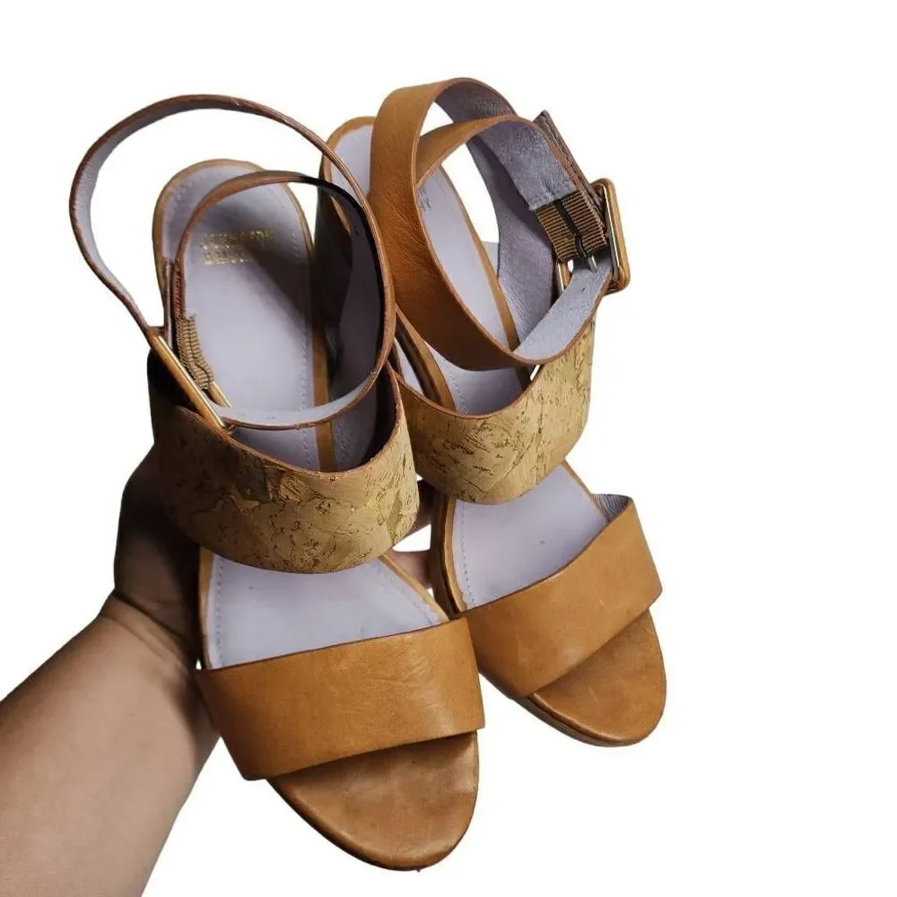 Tan Cork Wedge Sandals with Ankle Buckle